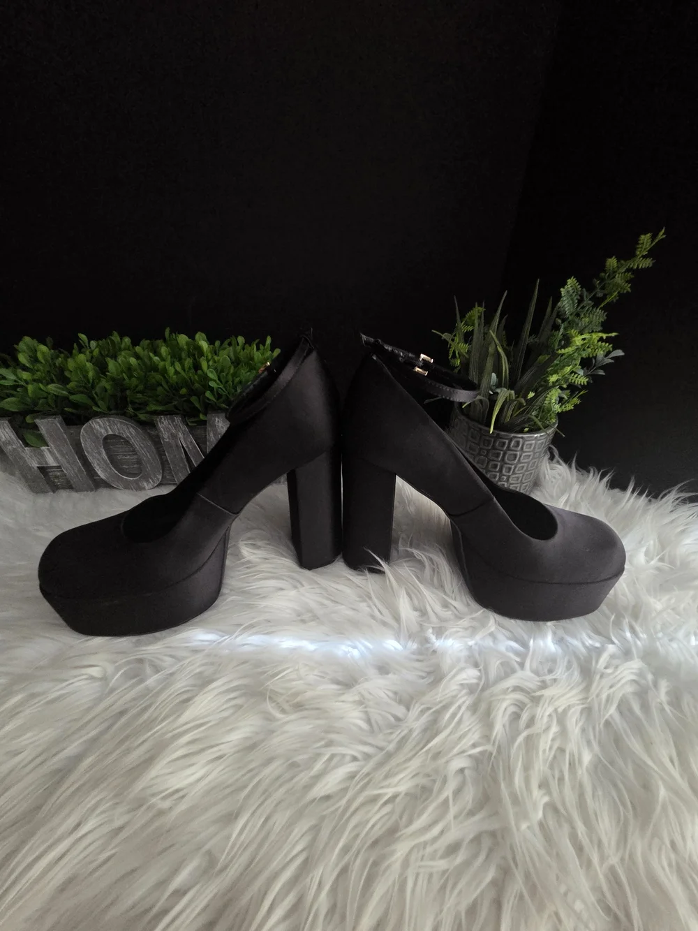 Artem Black Silk Sky High Platform Ankle-Strap Heels. Size 8